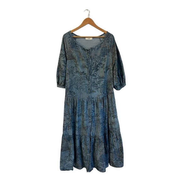 Suoli Dresses & Skirts - Suoli Chambray Shift Dress XL Blue Floral Boho Button Front